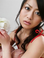 Hina Aisawa Asian in red fishnet and lingerie sucks dick so well