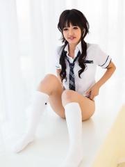 Kotomi Asian doll in uniform shirt shows she loves to suck cock