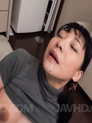 Miho Wakabayashi Asian with big tits sucks balls and rubs peach
