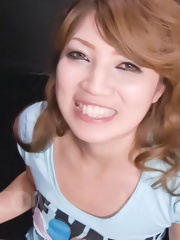 Misaki Aiba Asian is happy to get cum after sucking two dongs