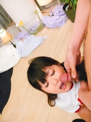 Ryo Asaka Asian with hot tits sucks shlongs and gets cum on face