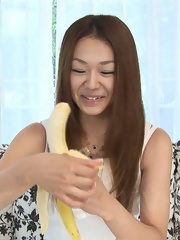 Serina Hayakawa Asian licks banana and dildo before sucking penis