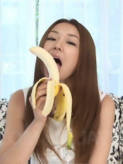 Serina Hayakawa Asian licks banana and dildo before sucking penis