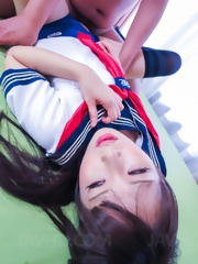 Yuri Sakurai licks dong and is pumped through crotchless uniform